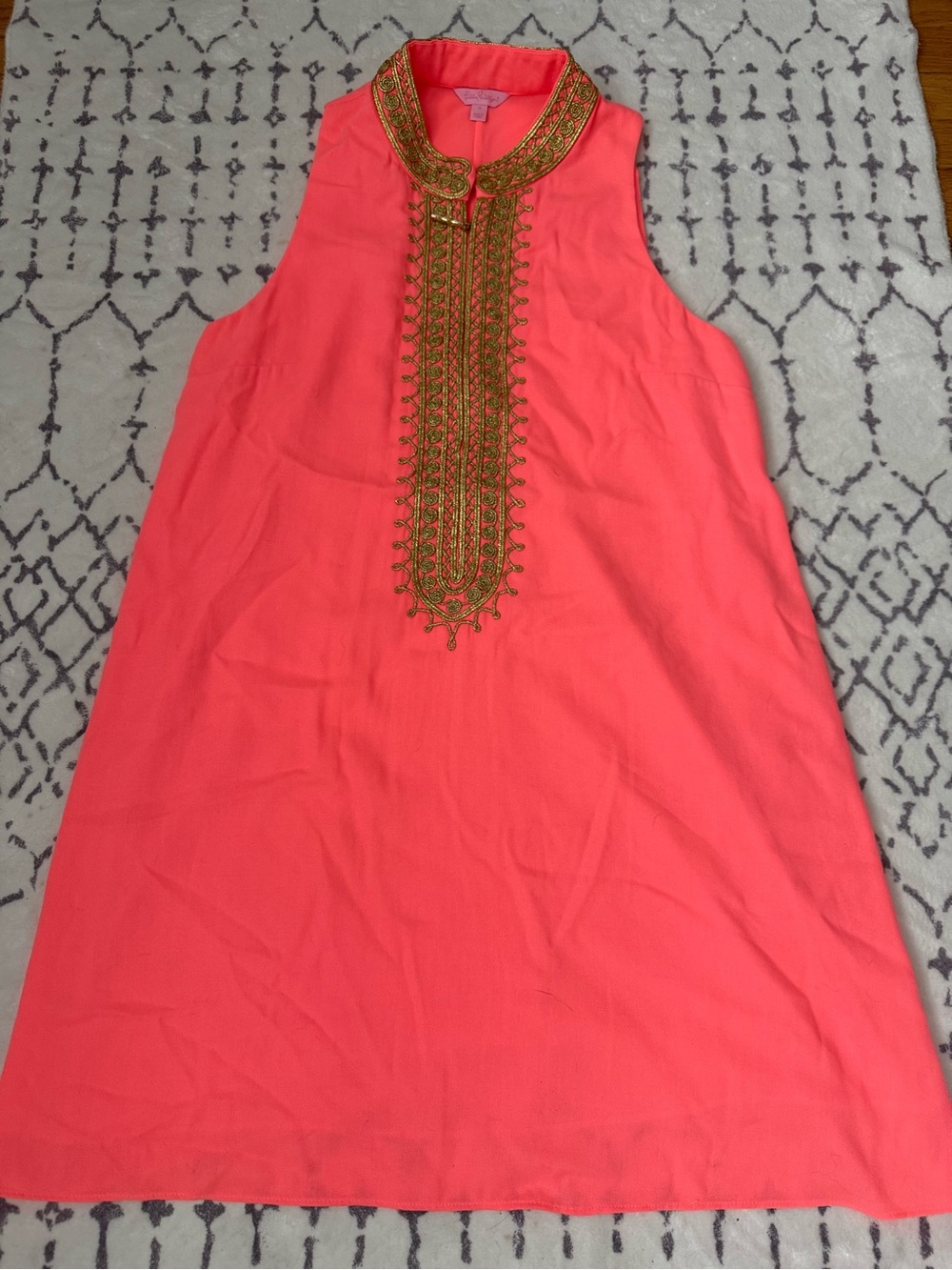 Lilly Pulitzer Pearl Sleeveless Coral Embroidered dress with Gold Trim